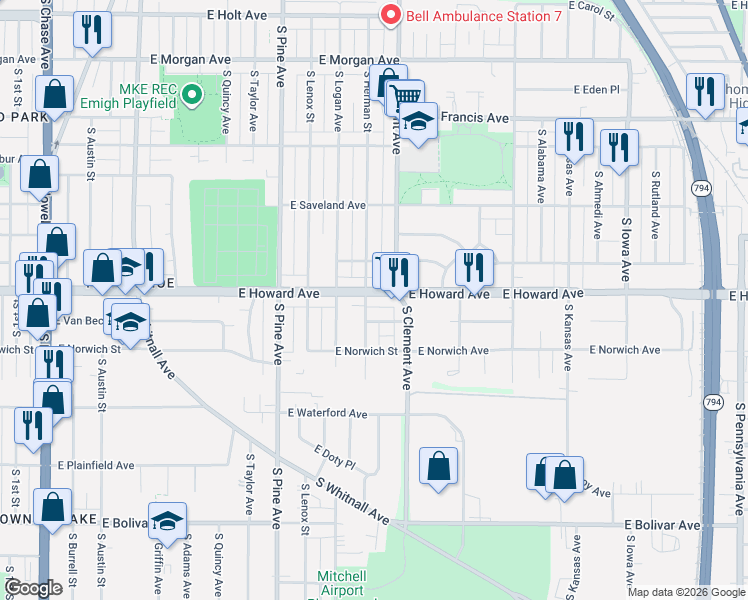 map of restaurants, bars, coffee shops, grocery stores, and more near 1111 East Howard Avenue in Milwaukee