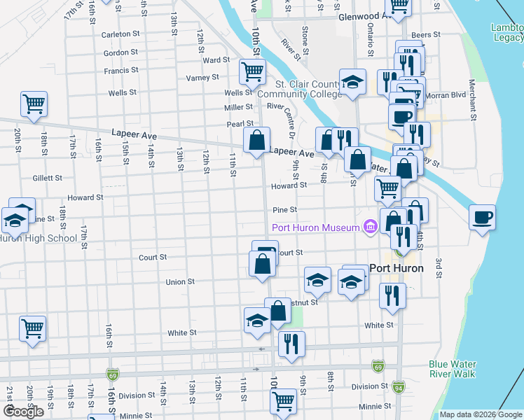map of restaurants, bars, coffee shops, grocery stores, and more near 933 Pine Street in Port Huron