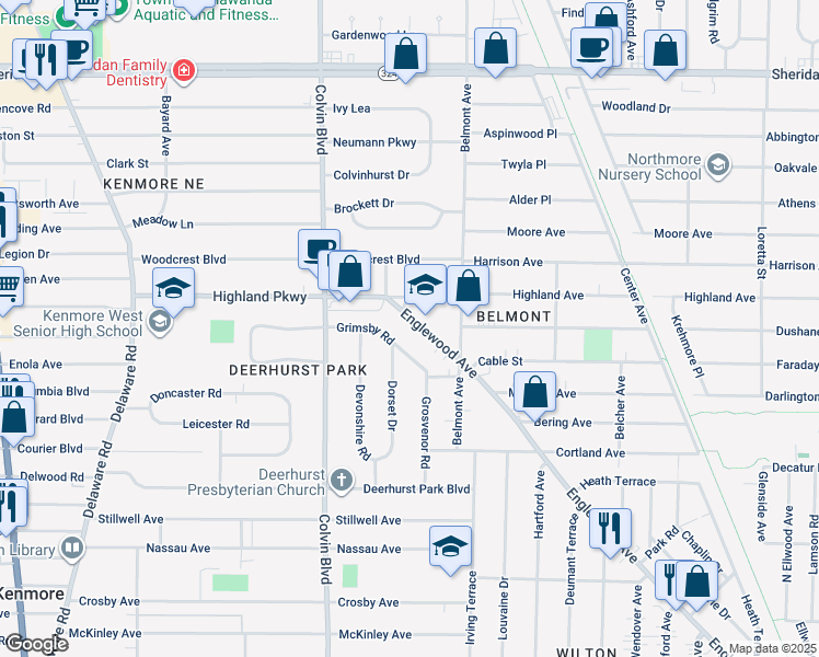 map of restaurants, bars, coffee shops, grocery stores, and more near 1118 Englewood Avenue in Buffalo