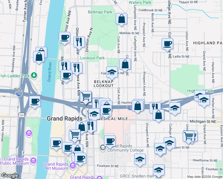 map of restaurants, bars, coffee shops, grocery stores, and more near 118 Trowbridge Street Northeast in Grand Rapids