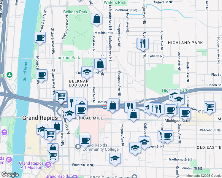 map of restaurants, bars, coffee shops, grocery stores, and more near 547 Lafayette Avenue Northeast in Grand Rapids