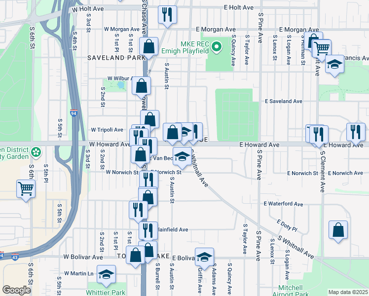 map of restaurants, bars, coffee shops, grocery stores, and more near 357 East Howard Avenue in Milwaukee