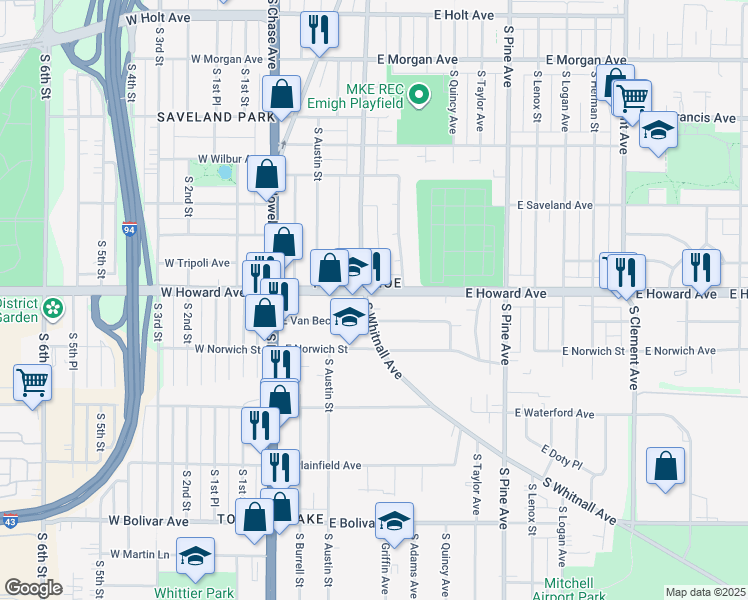 map of restaurants, bars, coffee shops, grocery stores, and more near 3906 South Whitnall Avenue in Milwaukee
