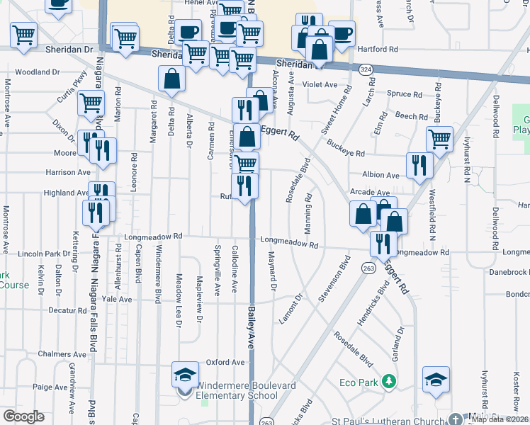 map of restaurants, bars, coffee shops, grocery stores, and more near 466 Maynard Dr in Buffalo