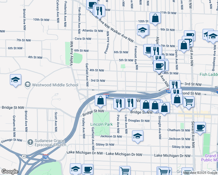 map of restaurants, bars, coffee shops, grocery stores, and more near 1061 Second Street Northwest in Grand Rapids
