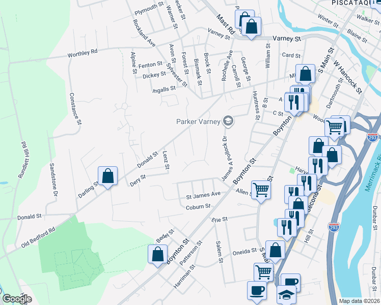 map of restaurants, bars, coffee shops, grocery stores, and more near 95 Leandre Street in Manchester