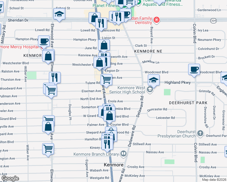 map of restaurants, bars, coffee shops, grocery stores, and more near 34 Kenton Road in Buffalo