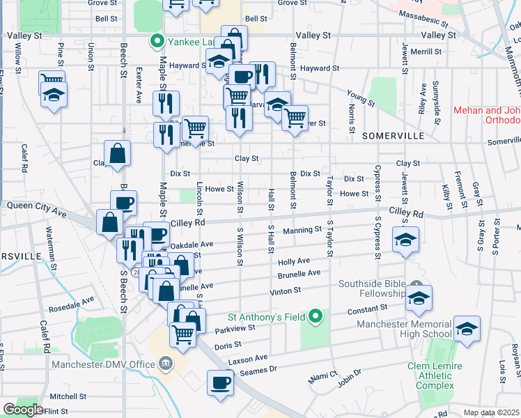 map of restaurants, bars, coffee shops, grocery stores, and more near in Manchester