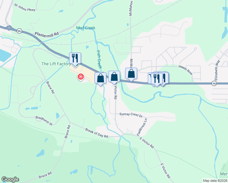 map of restaurants, bars, coffee shops, grocery stores, and more near 1314 East Victor Road in Victor
