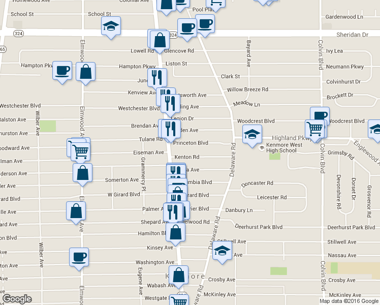 map of restaurants, bars, coffee shops, grocery stores, and more near 34 Kenton Road in Buffalo