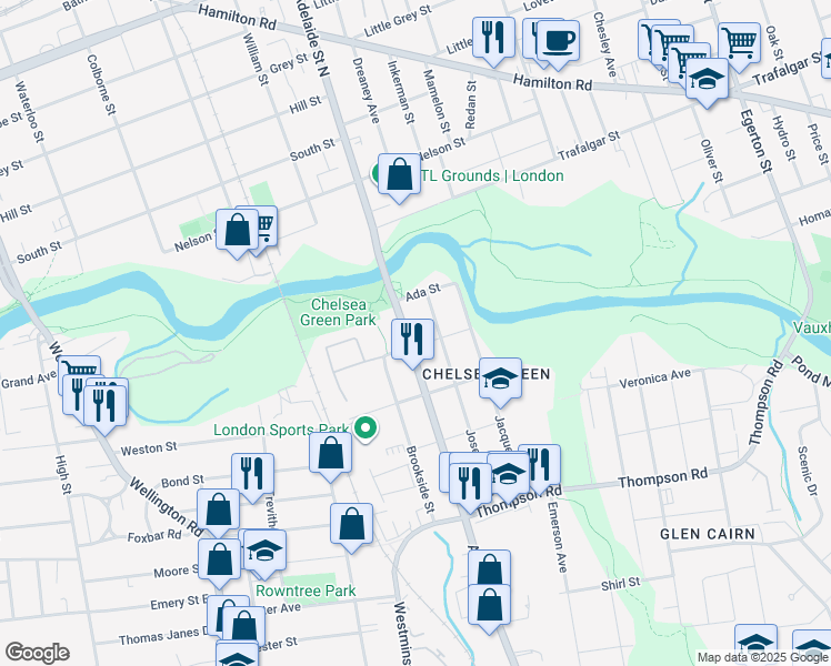 map of restaurants, bars, coffee shops, grocery stores, and more near 15 Adelaide Street South in London
