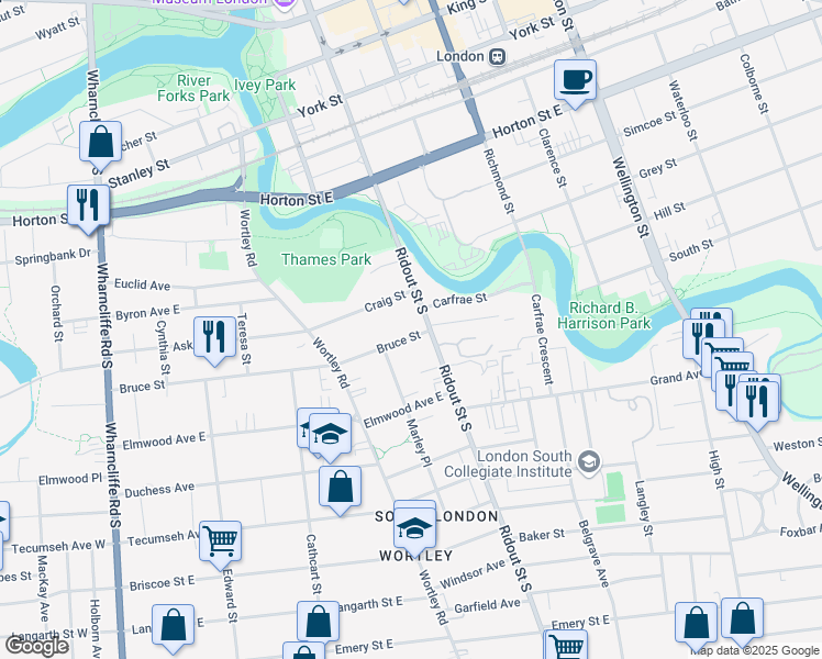 map of restaurants, bars, coffee shops, grocery stores, and more near 190 Bruce Street in London