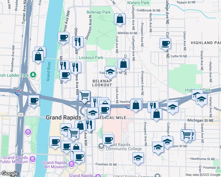 map of restaurants, bars, coffee shops, grocery stores, and more near 118 Trowbridge Street Northeast in Grand Rapids