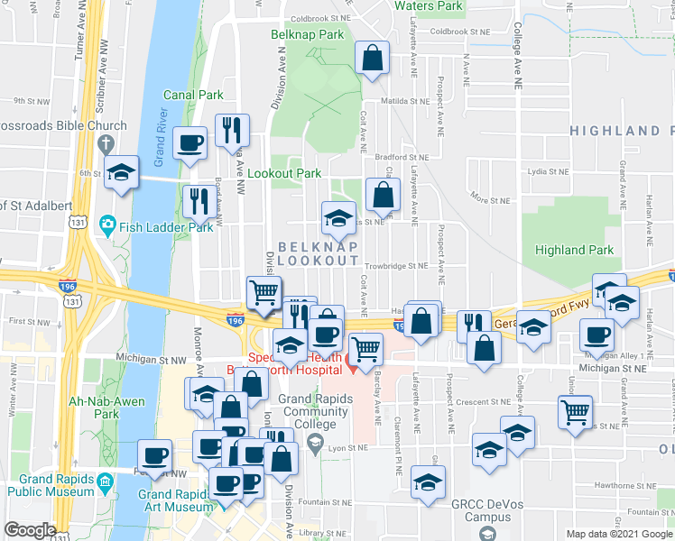 map of restaurants, bars, coffee shops, grocery stores, and more near 118 Trowbridge Street Northeast in Grand Rapids