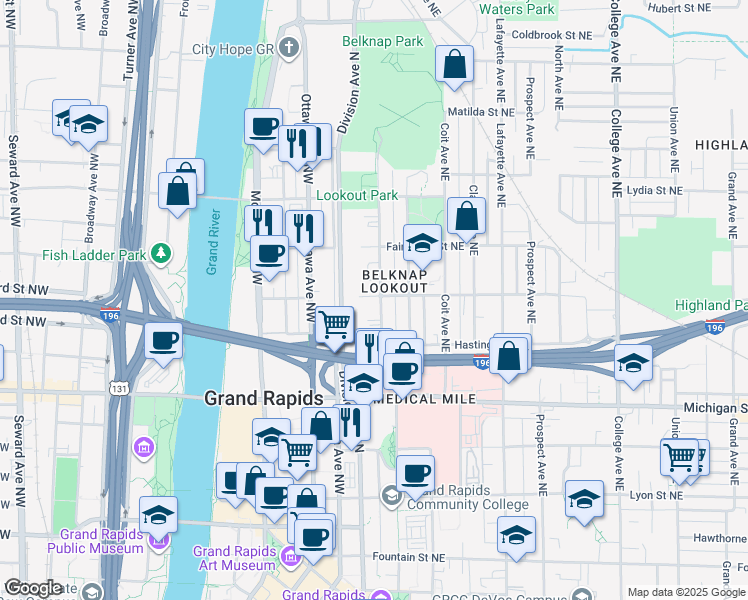 map of restaurants, bars, coffee shops, grocery stores, and more near 4 Trowbridge Street Northwest in Grand Rapids