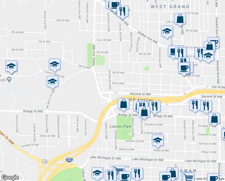 map of restaurants, bars, coffee shops, grocery stores, and more near 542 Garfield Avenue Northwest in Grand Rapids