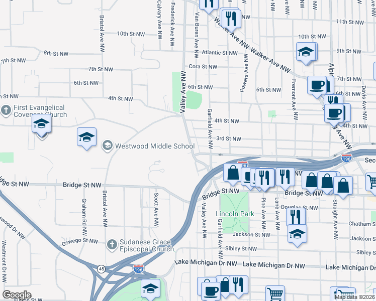 map of restaurants, bars, coffee shops, grocery stores, and more near 548 West Valley Avenue Northwest in Grand Rapids