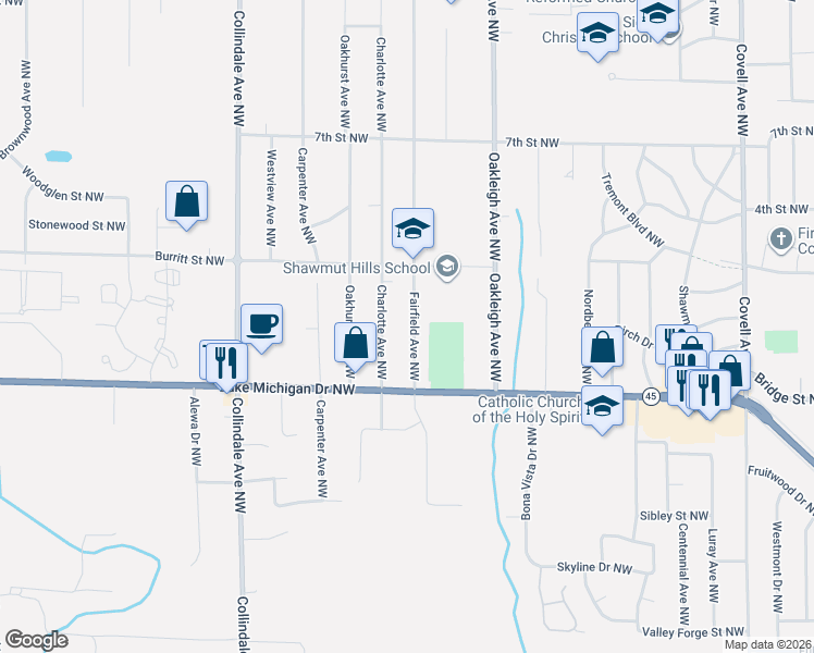 map of restaurants, bars, coffee shops, grocery stores, and more near 448 Charlotte Avenue Northwest in Grand Rapids