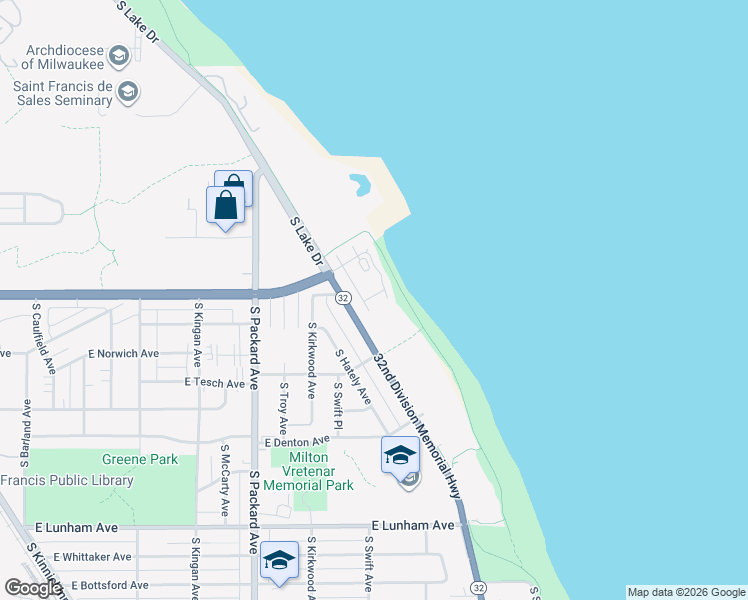 map of restaurants, bars, coffee shops, grocery stores, and more near 3902 South Lake Drive in Saint Francis