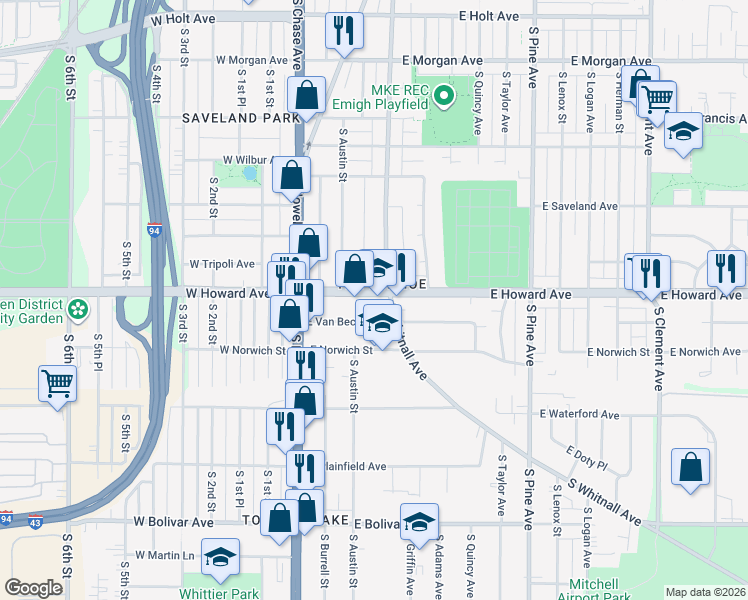 map of restaurants, bars, coffee shops, grocery stores, and more near 3906 South Whitnall Avenue in Milwaukee