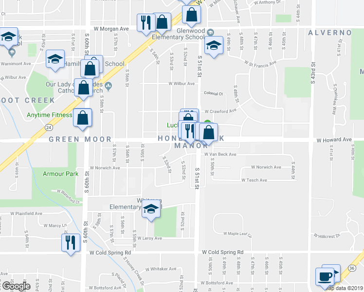 map of restaurants, bars, coffee shops, grocery stores, and more near 5201 West Howard Avenue in Milwaukee