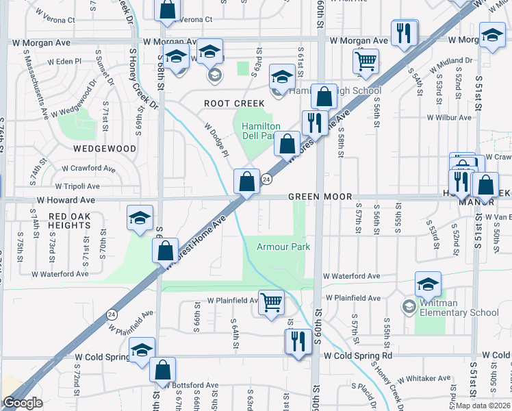 map of restaurants, bars, coffee shops, grocery stores, and more near 3904 South Tara Hill Drive in Greenfield