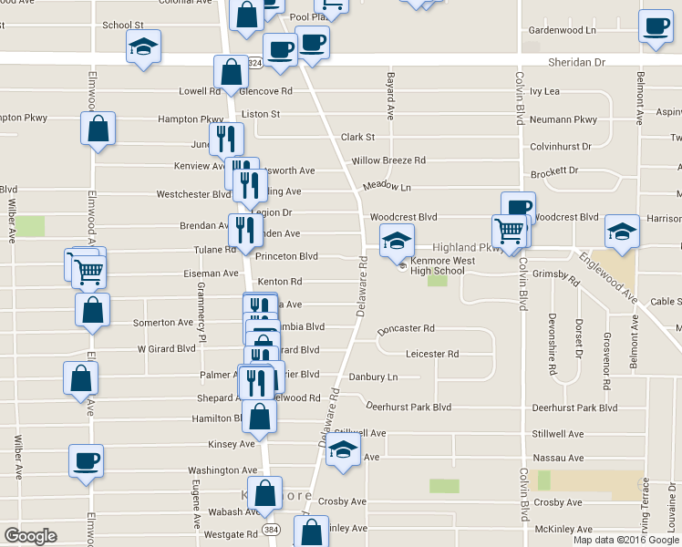map of restaurants, bars, coffee shops, grocery stores, and more near 118 Kenton Rd in Buffalo