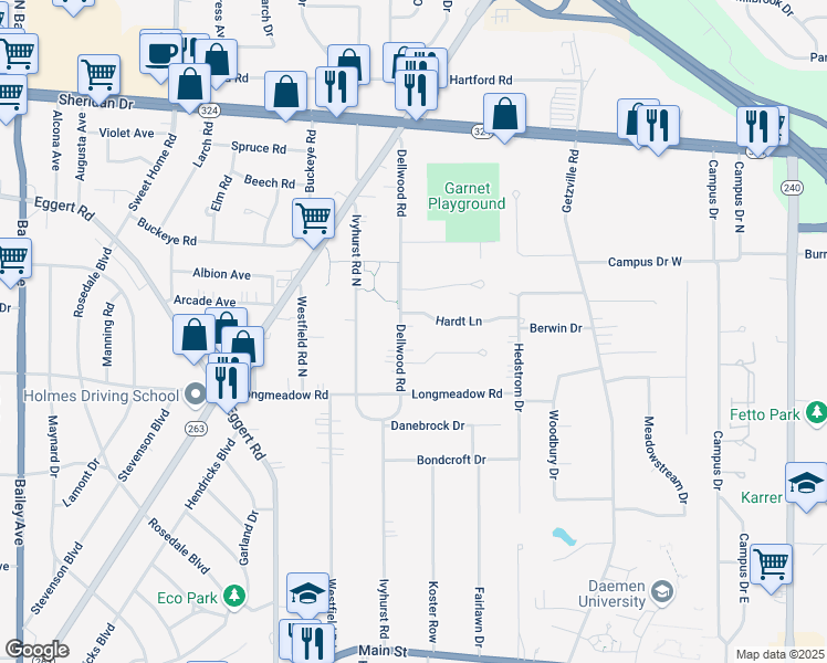 map of restaurants, bars, coffee shops, grocery stores, and more near 7 Hardt Lane in Buffalo