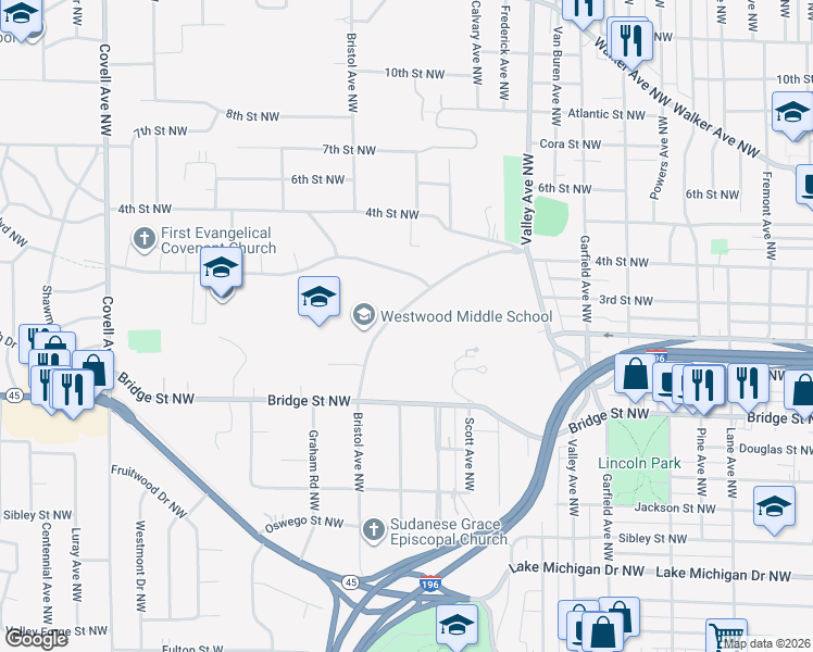 map of restaurants, bars, coffee shops, grocery stores, and more near 1524 Mount Mercy Drive Northwest in Grand Rapids