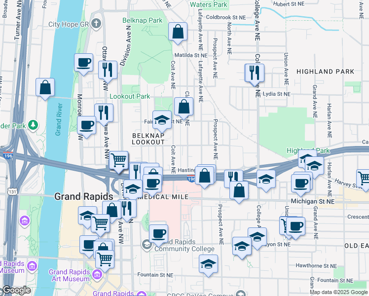map of restaurants, bars, coffee shops, grocery stores, and more near 547 Clancy Avenue Northeast in Grand Rapids