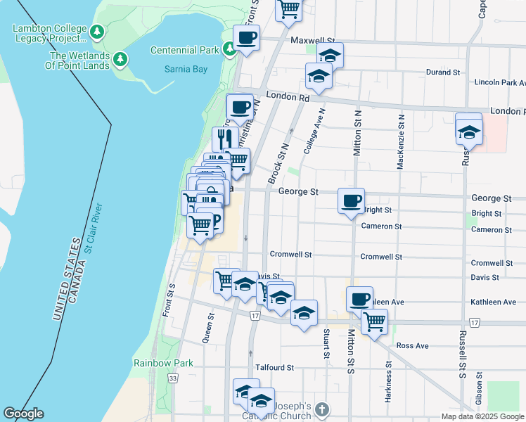 map of restaurants, bars, coffee shops, grocery stores, and more near 183 Brock Street North in Sarnia