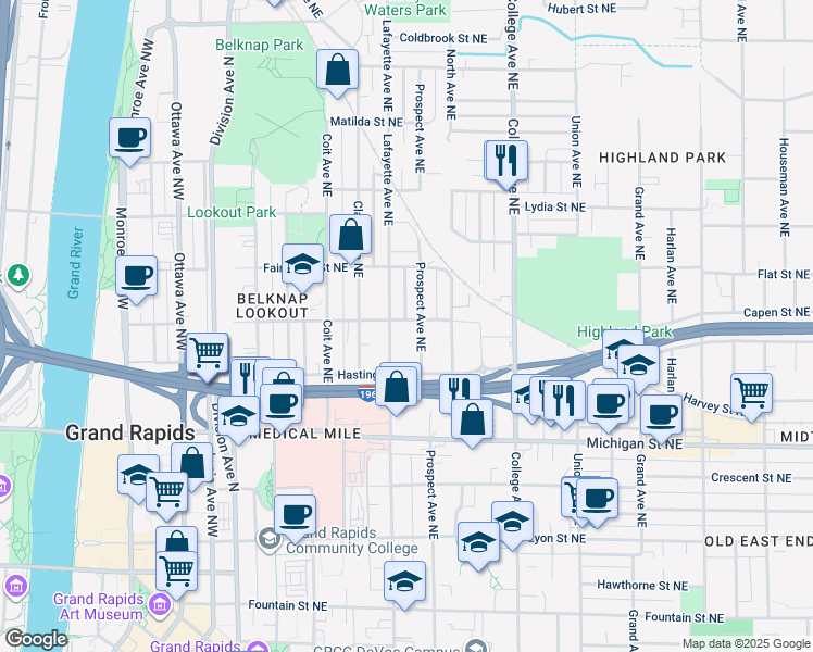 map of restaurants, bars, coffee shops, grocery stores, and more near 310 Trowbridge Street Northeast in Grand Rapids