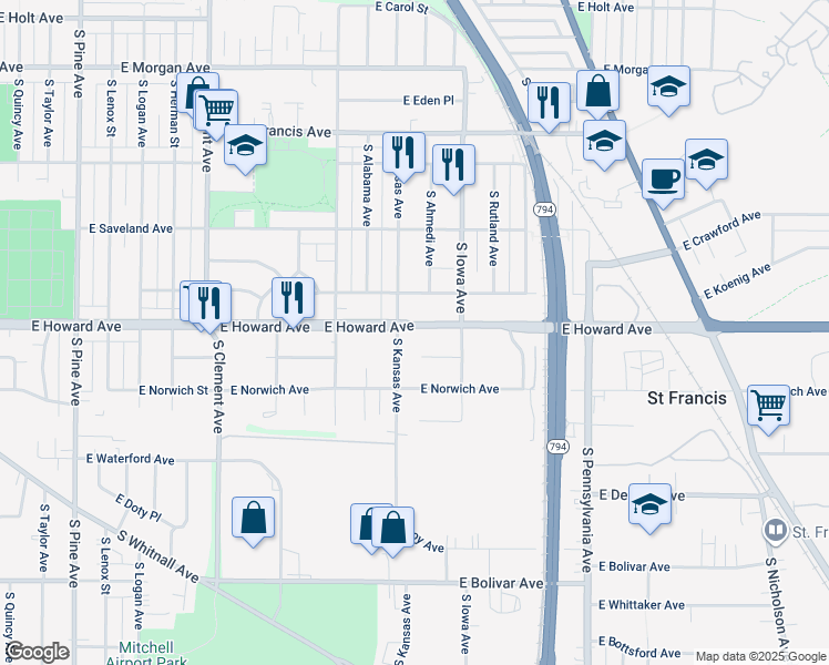map of restaurants, bars, coffee shops, grocery stores, and more near 1821 East Howard Avenue in Milwaukee