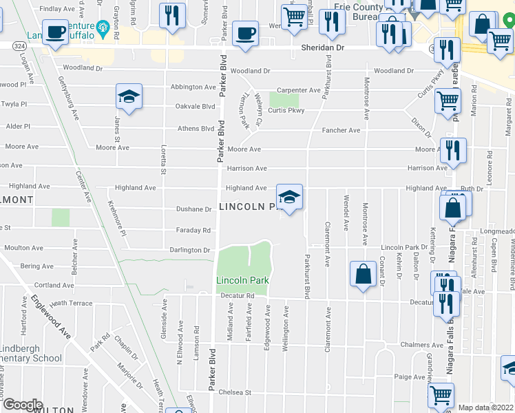 map of restaurants, bars, coffee shops, grocery stores, and more near in Tonawanda