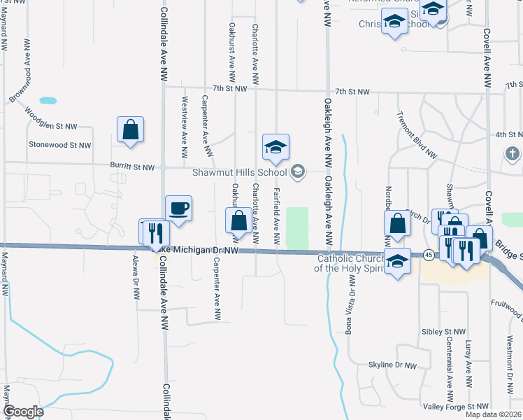 map of restaurants, bars, coffee shops, grocery stores, and more near 448 Charlotte Avenue Northwest in Grand Rapids