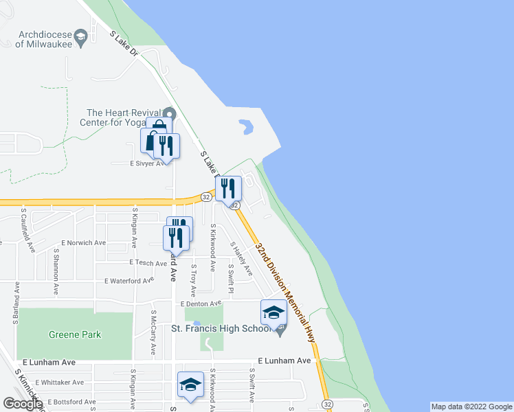 map of restaurants, bars, coffee shops, grocery stores, and more near 3902 South Lake Drive in Saint Francis