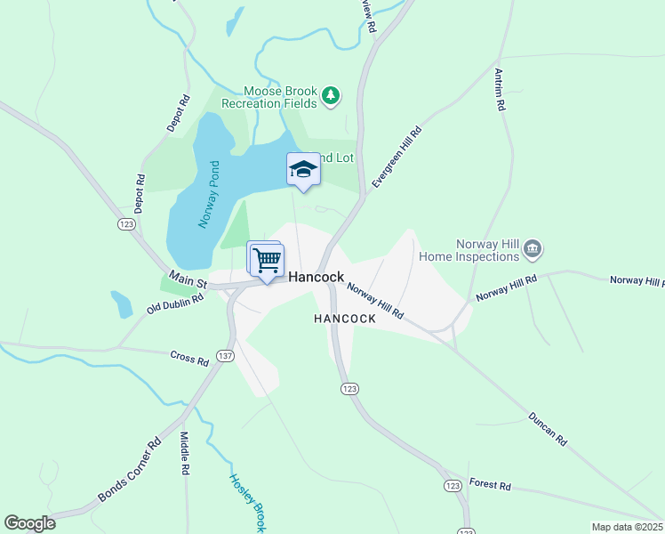 map of restaurants, bars, coffee shops, grocery stores, and more near 3 Main Street in Hancock