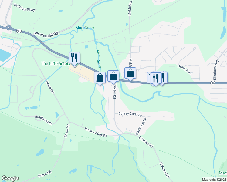 map of restaurants, bars, coffee shops, grocery stores, and more near 1314 East Victor Road in Victor