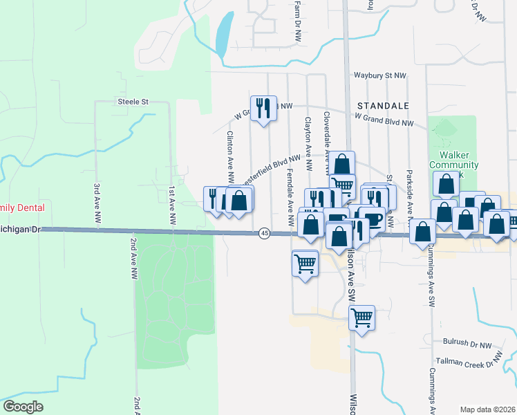 map of restaurants, bars, coffee shops, grocery stores, and more near 444 Lasalle Avenue Northwest in Grand Rapids