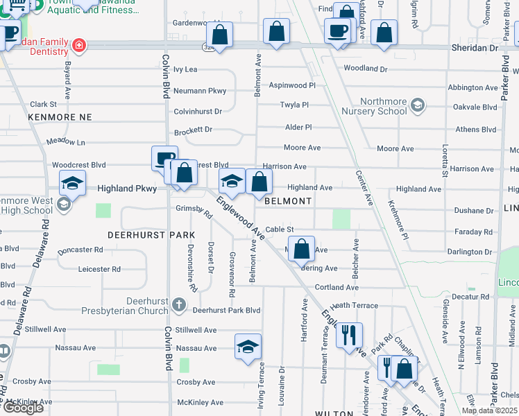 map of restaurants, bars, coffee shops, grocery stores, and more near 11 Stoneleigh Avenue in Erie County
