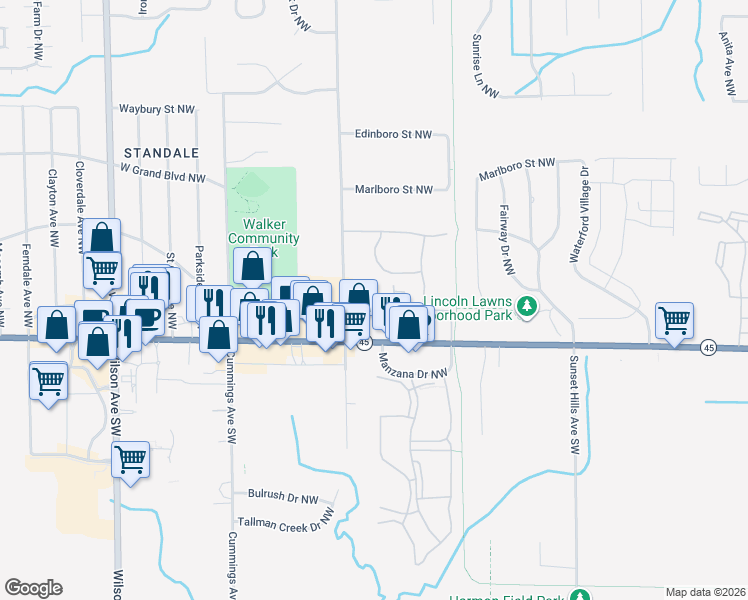 map of restaurants, bars, coffee shops, grocery stores, and more near 478 Kinney Avenue Northwest in Walker
