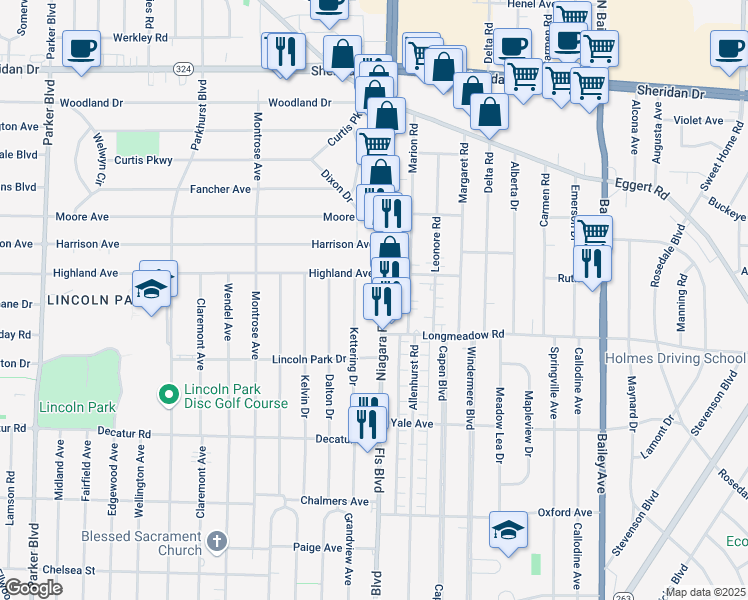 map of restaurants, bars, coffee shops, grocery stores, and more near 710 Niagara Falls Blvd in Buffalo