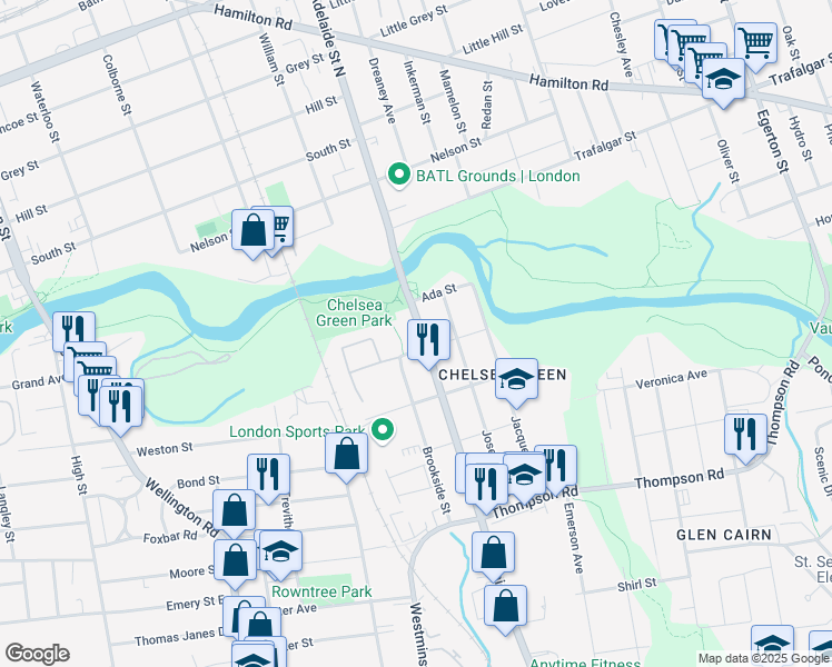 map of restaurants, bars, coffee shops, grocery stores, and more near 15 Adelaide Street South in London
