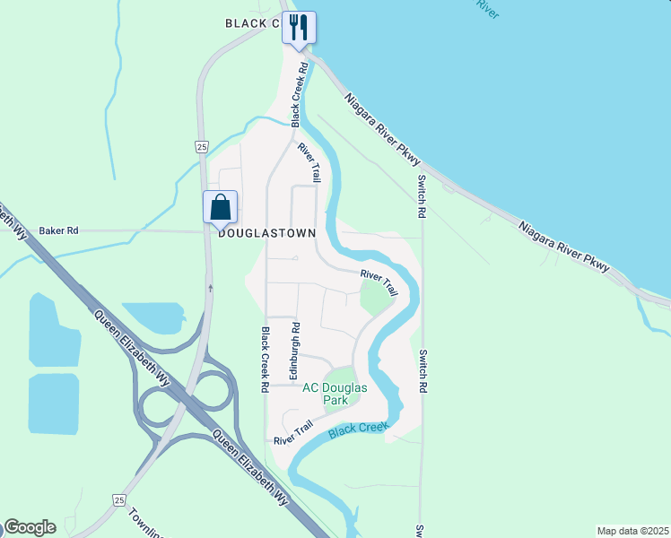 map of restaurants, bars, coffee shops, grocery stores, and more near River Trail in Fort Erie