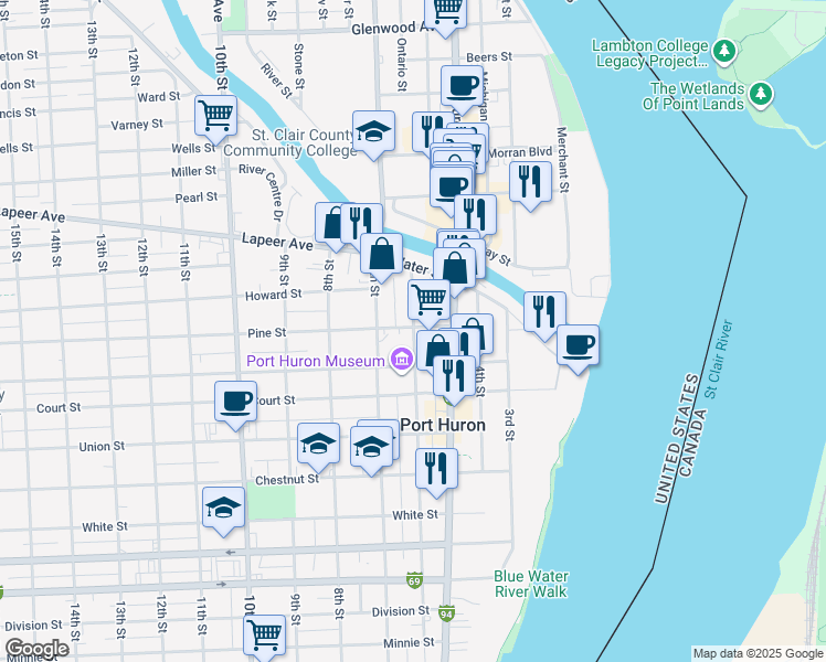 map of restaurants, bars, coffee shops, grocery stores, and more near 600 Pine Street in Port Huron