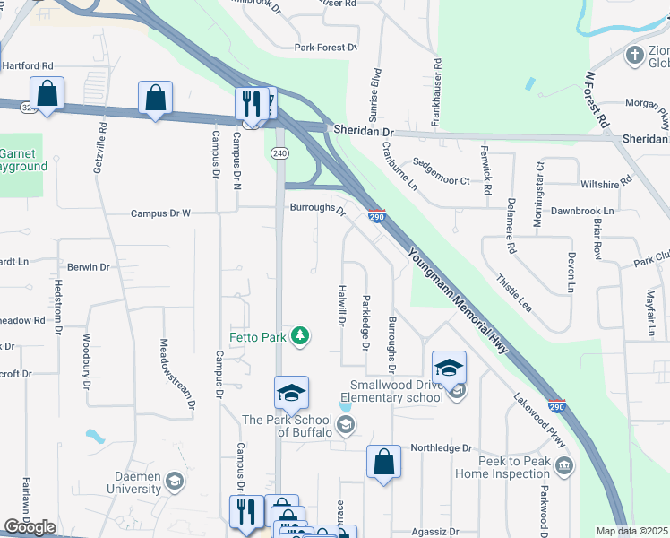 map of restaurants, bars, coffee shops, grocery stores, and more near 57 Halwill Drive in Buffalo