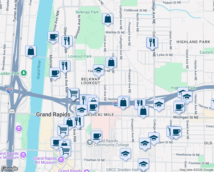 map of restaurants, bars, coffee shops, grocery stores, and more near 548 Coit Avenue Northeast in Grand Rapids