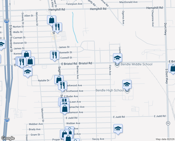 map of restaurants, bars, coffee shops, grocery stores, and more near 2146 East Whittemore Avenue in Burton