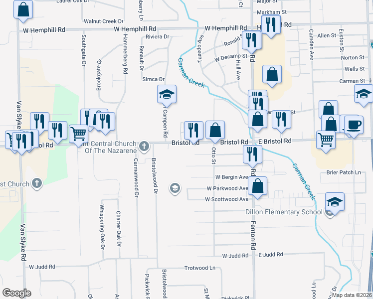 map of restaurants, bars, coffee shops, grocery stores, and more near 1155 West Bristol Road in Flint