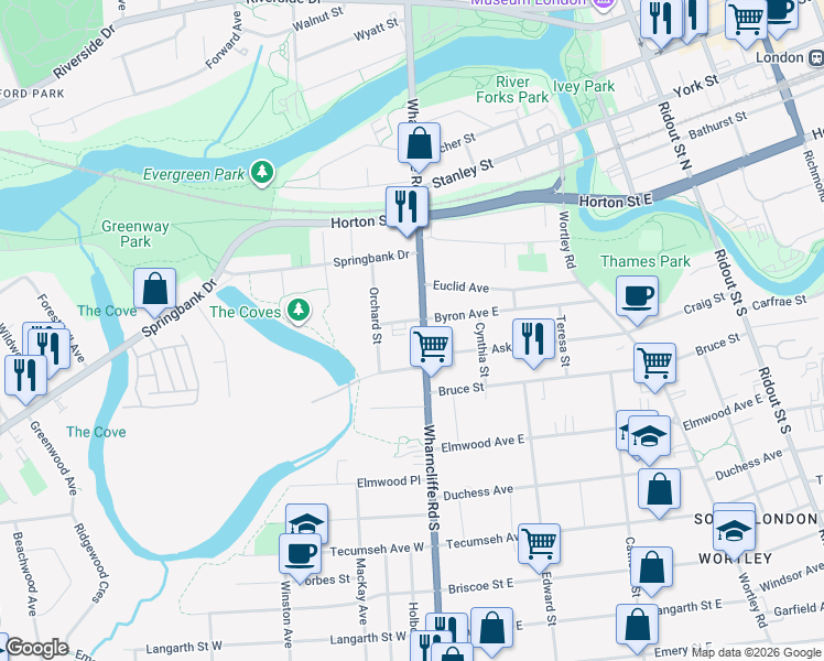 map of restaurants, bars, coffee shops, grocery stores, and more near 131 Wharncliffe Road South in London